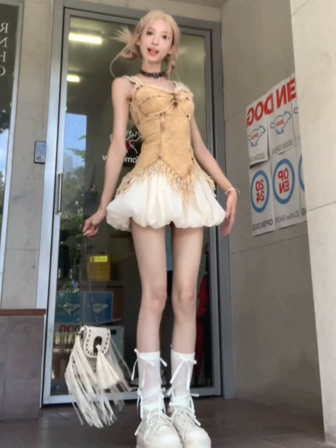 [Effervescent Summer] Spice Girl old retro denim sling vest  high-end thin bud tutu skirt