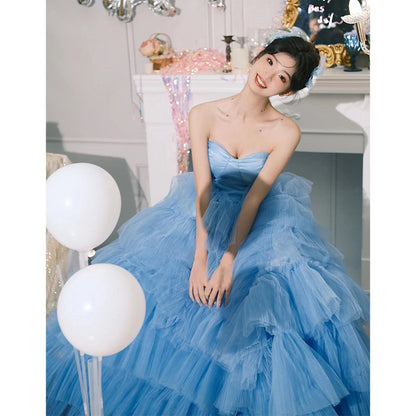 2025Studio theme blue tube top wedding dress sweet fashion super fairy princess style light luxury photography outdoor photo fluffy yarn