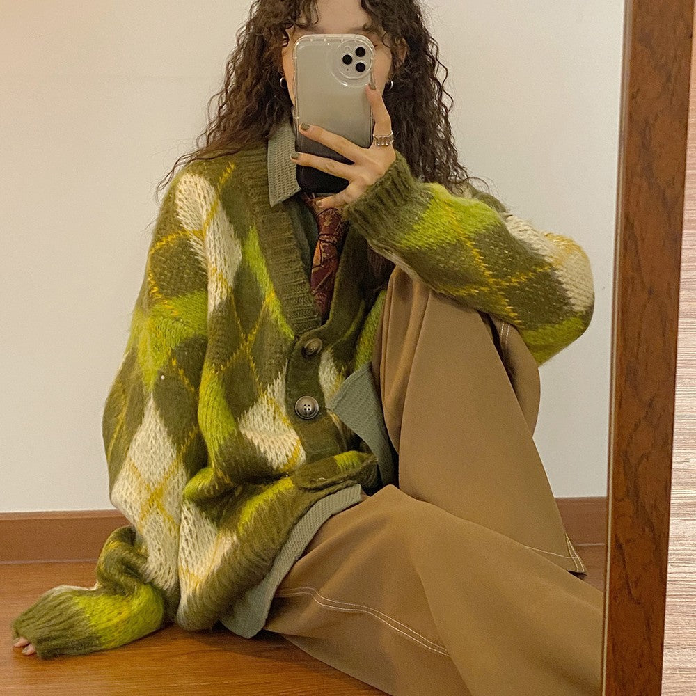 maoxiangshop-shop non binary outfits American Retro New Autumn and Winter Loose Green Rhombus Sweater Cardigan Coat Thickened Lazy Sweater for Women