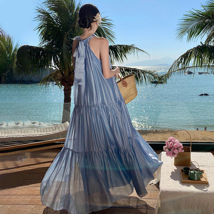 2025 Three-dimensional flower neck bow lace-up dress women's loose pleated pendulum skirt island vacation beach skirt