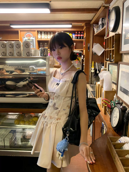 Quick call, original butterfly print lace fish bone sexy spring and summer waist thin suspender dress a-word skirt
