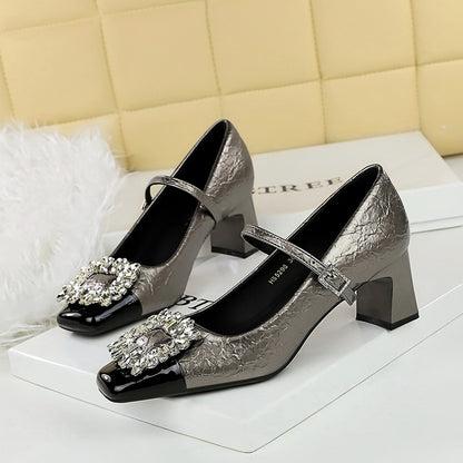 5298-K90 Mary Jane Women's Shoes Banquet 2025 style light mouth square head color matching metal rhinestone buckle one-word belt single shoes