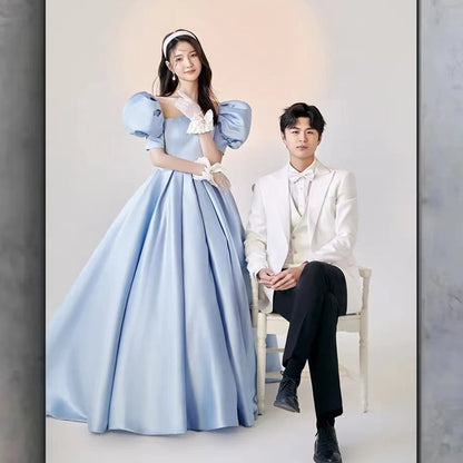 2025Indoor and outdoor long tail new full body studio main picture photography dress couple dress Korean version blue short-sleeved lawn