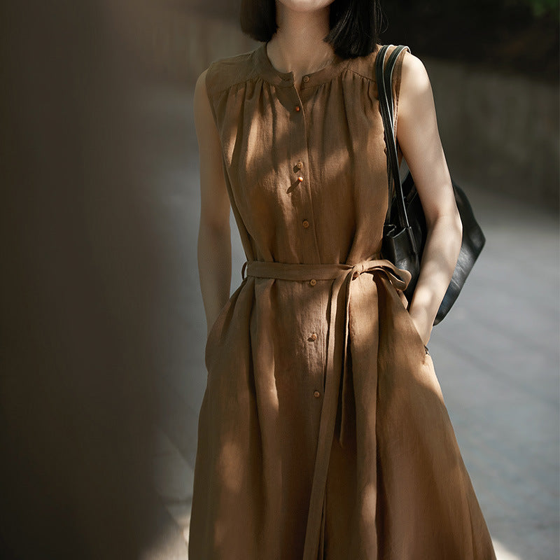 2025 Slack linen dress, waist thin vest skirt sleeveless, high-end cotton and linen women's clothing summer new models