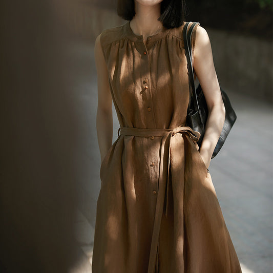 2025 Slack linen dress, waist thin vest skirt sleeveless, high-end cotton and linen women's clothing summer new models