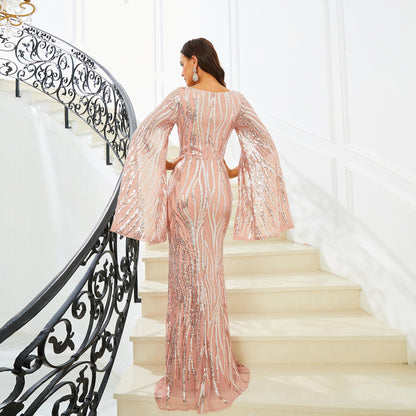 2025 new high-end temperament long-sleeved V-neck banquet sequined fishtail evening dress bridesmaid dress women