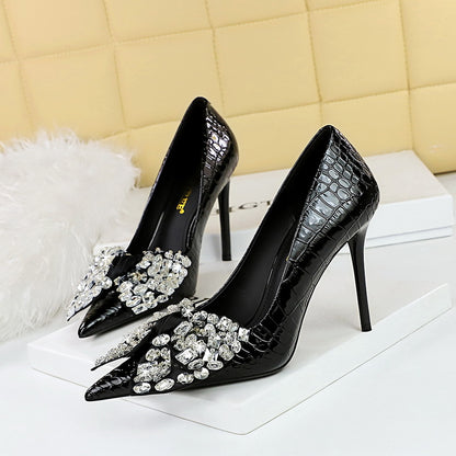 2025 3391-H9 Korean version of fashion banquet high heels thin heel super high heel shallow mouth pointed rhinestone bow single shoes women