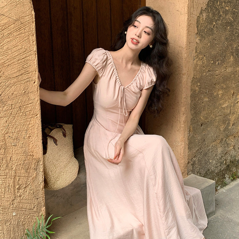 2025 Thirteen Lines  Summer New Temperament Pure Desire High Waist Lace-up Short Sleeve Dress Children 88258