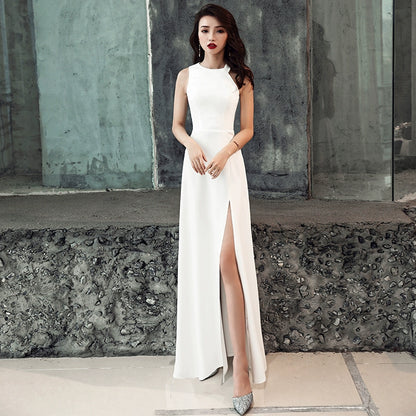 White evening dress skirt women  new banquet temperament simple and generous birthday party host can usually wear