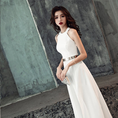 White evening dress skirt women  new banquet temperament simple and generous birthday party host can usually wear
