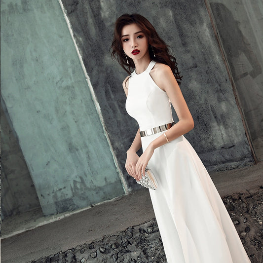 White evening dress skirt women  new banquet temperament simple and generous birthday party host can usually wear