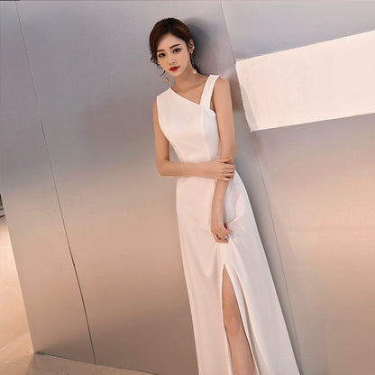 White evening dress skirt women  new banquet temperament simple and generous birthday party host can usually wear