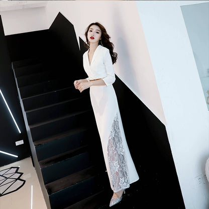 White high-end banquet evening dress dress women's simple, generous and noble long high-end textured temperament celebrity dress