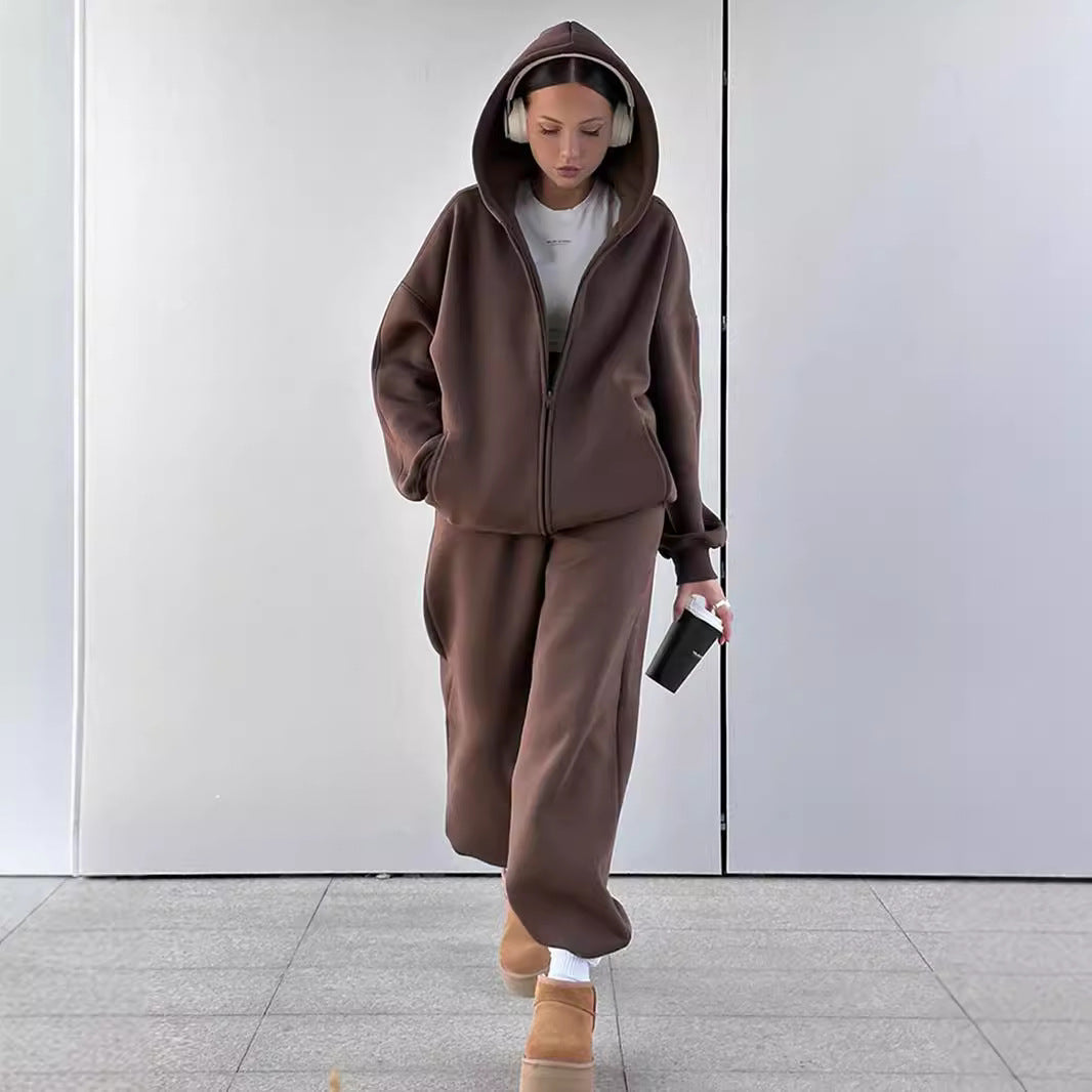 airport outfit Sweater for Women New Hooded Style Polar Fleece Cardigan Sweater Suit Two-Piece Set for Women