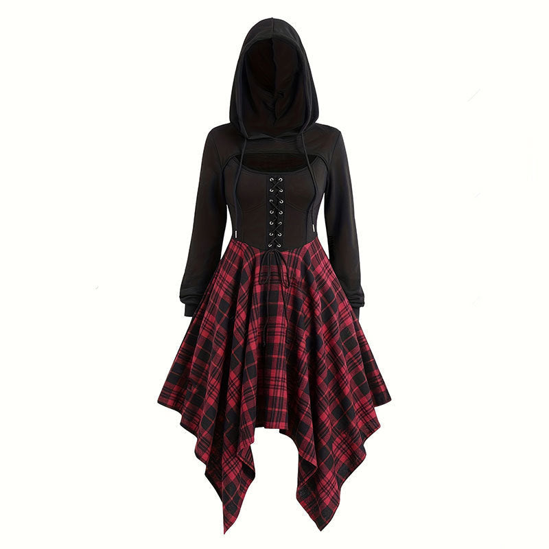 maoxiangshop pop culture dress to impress Halloween New plus Size Gothic Dress Drawstring Hooded Plaid Stitching Sweater Short Sleeve