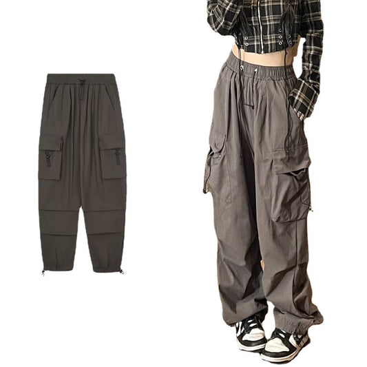 maoxiangshop-shop tomboy outfit Spring Drawstring Ankle-Tied Men's Japanese Retro Loose Large Pocket Straight Overalls Wide Leg Pants Simple All-Match