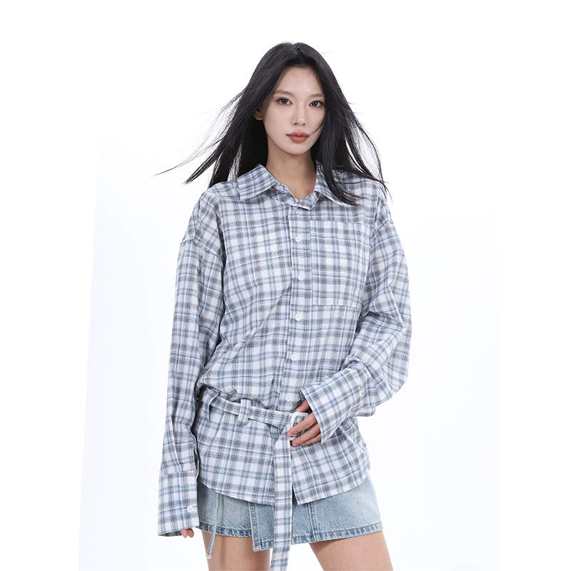 SXL2025 Spring 2025n Easy and Lazy Loose Plaid Lace-Up Shirt Women's Outer with Small Jacket Top