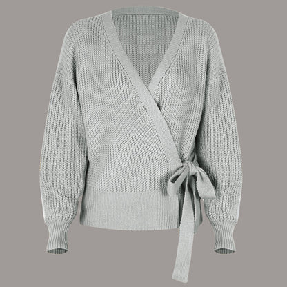 maoxiangshop 2000s fashion Autumn and Winter Casual V-neck Lace-up Knotted Sweater Sweater Women's Clothing
