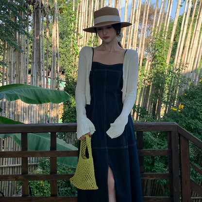 2025 spring and summer new high-waisted retro denim suspender dress high-end long dress children 88216