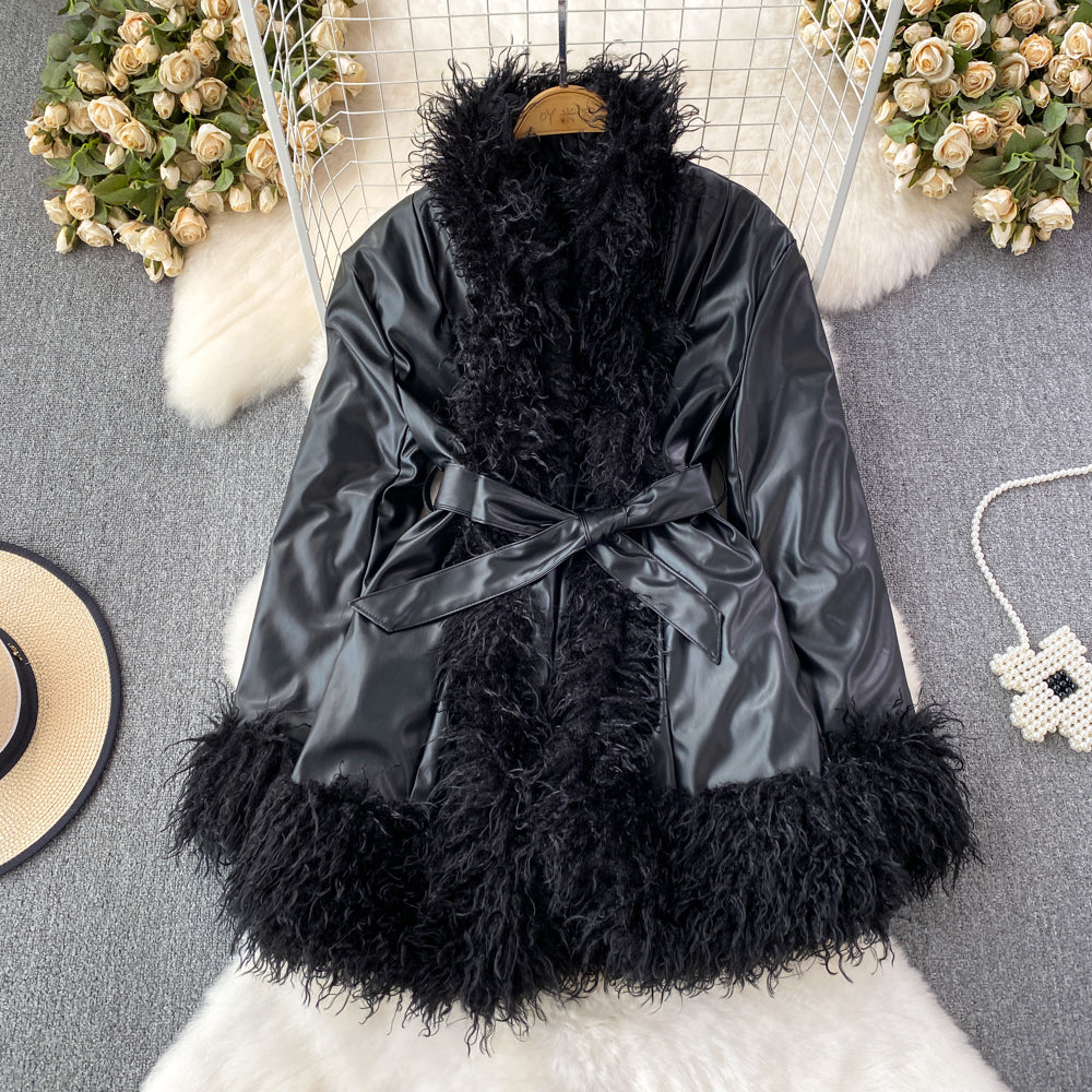 maoxiangshop-shop fall trends 2024 outfits Fur Integrated Retro Motorcycle Jacket Women's Autumn and Winter Loose Mid-Length Lace-up Thickened Fur Collar Jacket Top