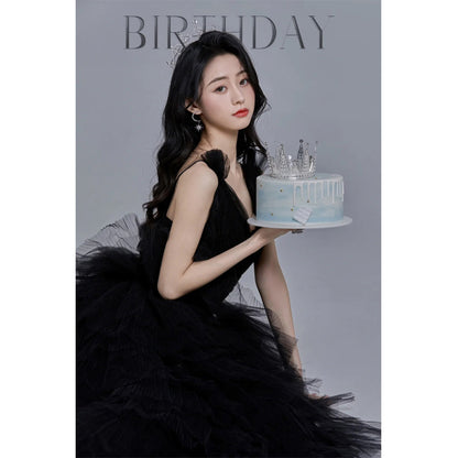 2025Evening dress  new black front short rear long trailing wedding dress annual meeting stage performance catwalk host