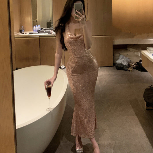 maoxiangshop-shop pink dress Champagne Shiny Sequined Swing Collar Light Yarn Dress for Women  Summer Sexy Backless Sheath Dress