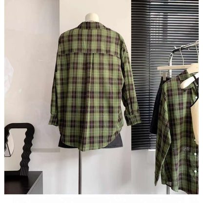 maoxiangshop-shop grunge outfits Women's White and Green Plaid Shirt, Large Loose Plaid Coat for Spring and Summer