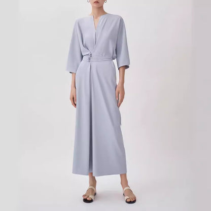 2025 2022 summer new women's clothing retro national style handmade buckle solid color v-neck dress high waist thin solid color dress