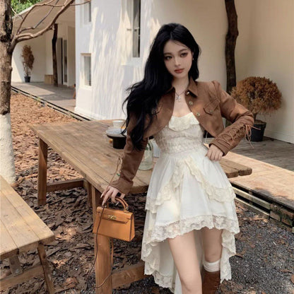 2000s fashion Pure Desire Temperament Sling Dress Women's Early Autumn Popular Suit Retro Motorcycle Short Coat Two-Piece Set