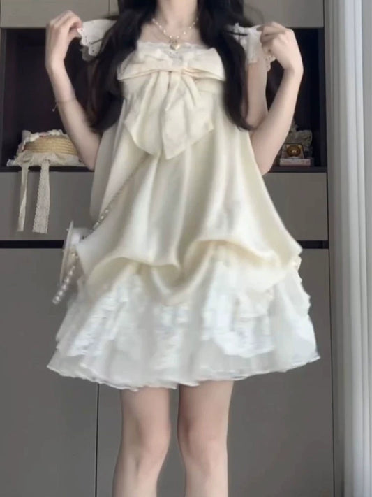 Ancient bud skirt  summer new sweet and cute gentle wind flying sleeves lace splicing bud skirt