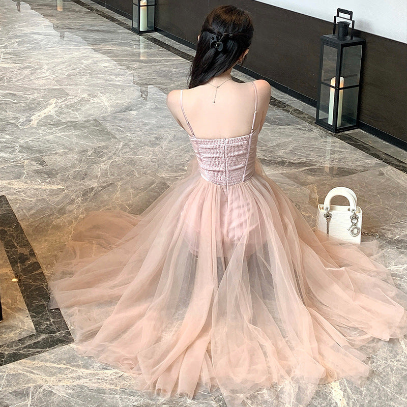 Rich daughter feels like wearing pink mesh suspender dress temperament celebrity high sense waist banquet dress dress dress