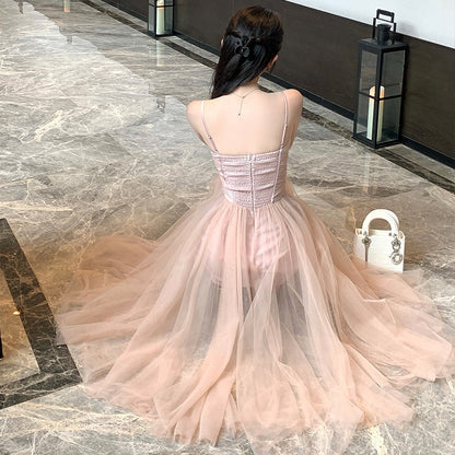 Rich daughter feels like wearing pink mesh suspender dress temperament celebrity high sense waist banquet dress dress dress