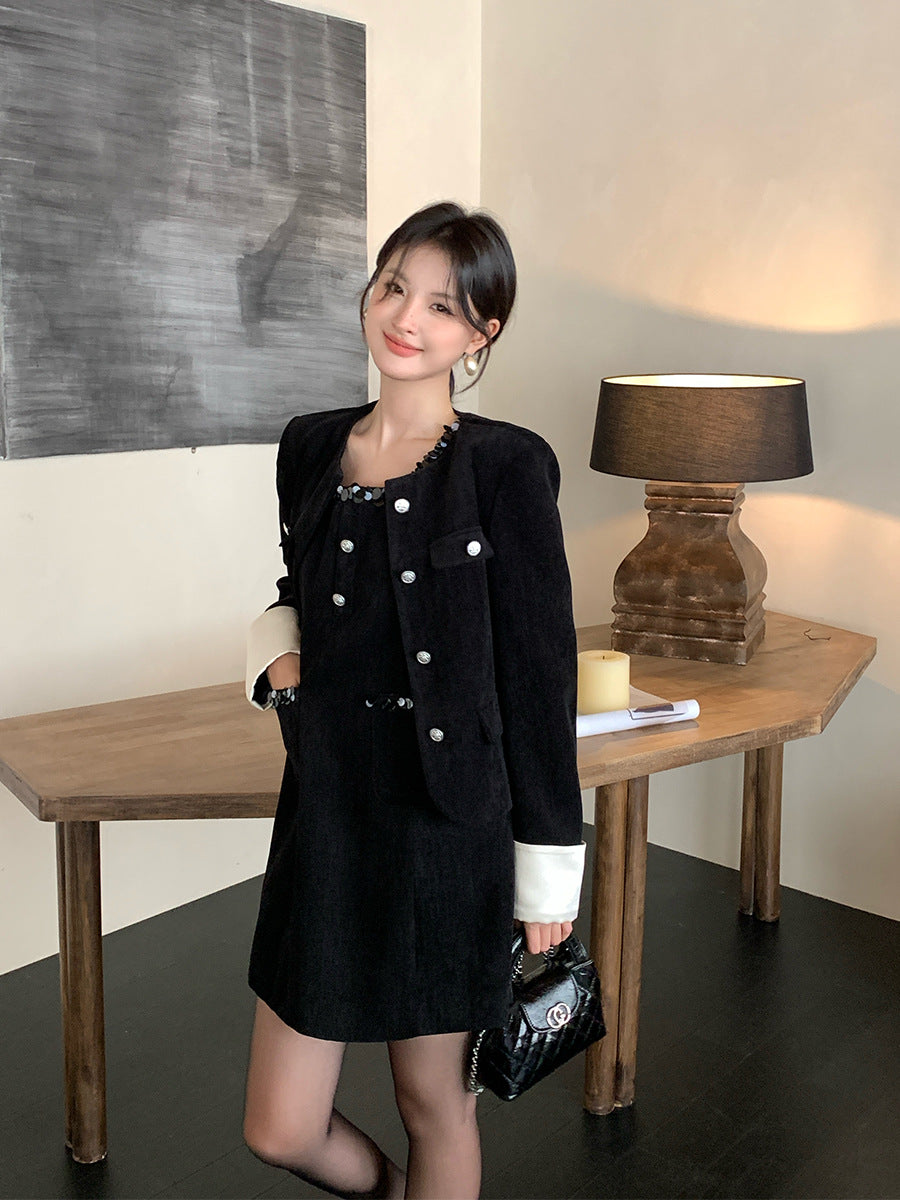 2025 popular autumn and winter new Korean version high waist elegant polished vest dress solid color bottom skirt 88122