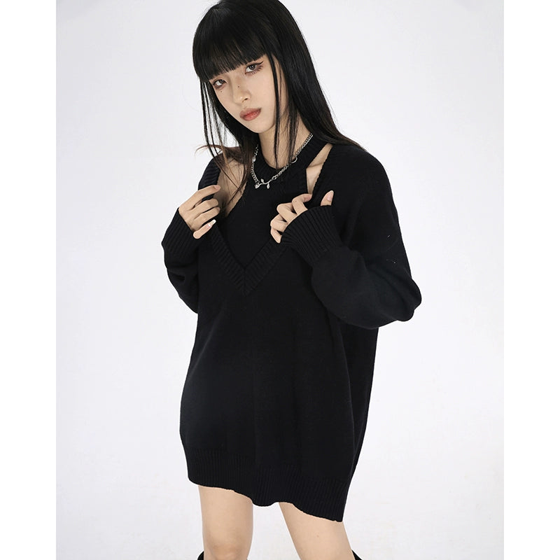 Black Sweater Fashion Set Women's Spring Neck Vest Loose V-Neck Sweater Pure Desire Two-piece Tide Set