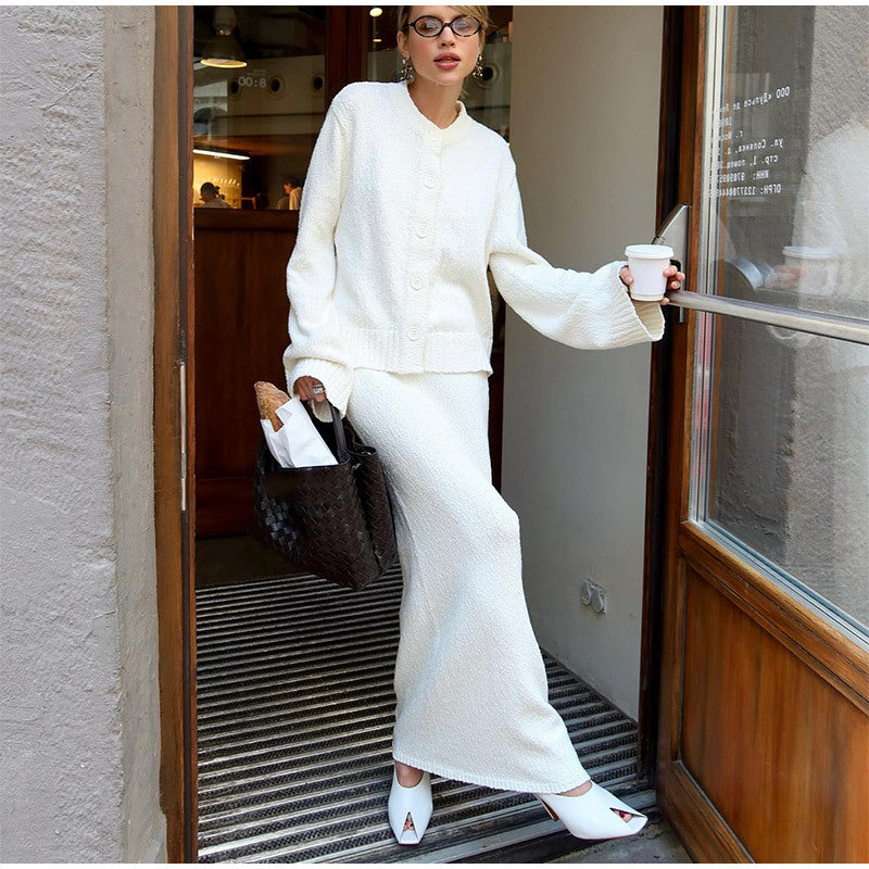 MAOXIANGSHOP 2025 Solid color knitted cardigan skirt set  New coat drape temperament small fragrant autumn and winter set