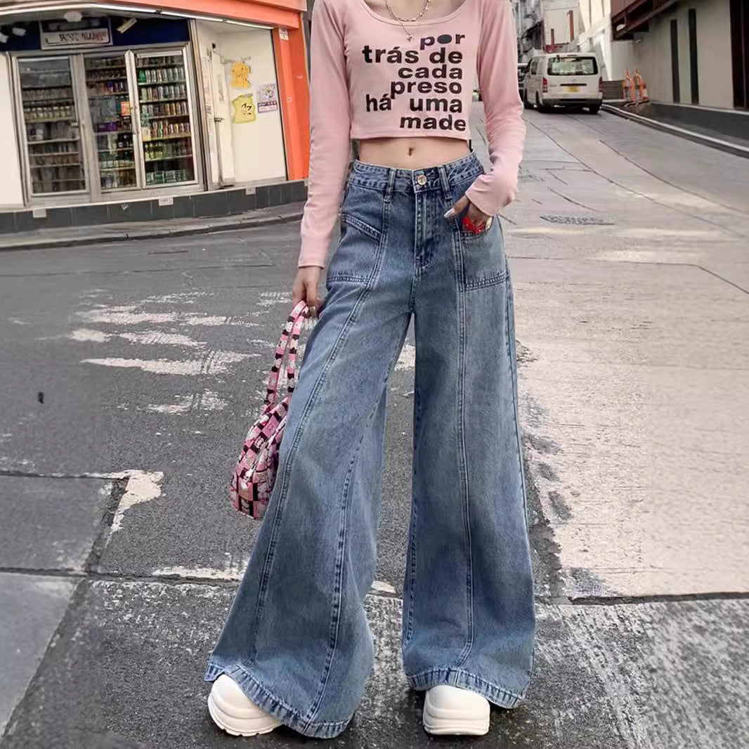maoxiangshop outfit ideas for school Spring and Autumn 2024 New American High Waist Wide Leg Versatile Jeans Women's Loose Slimming Split Pants Fashion