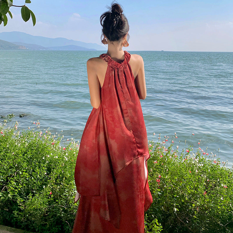 New Chinese style retro tie-dye neck dress summer beautiful temperament simple long dress fake two beach dress