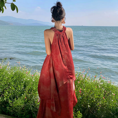 New Chinese style retro tie-dye neck dress summer beautiful temperament simple long dress fake two beach dress