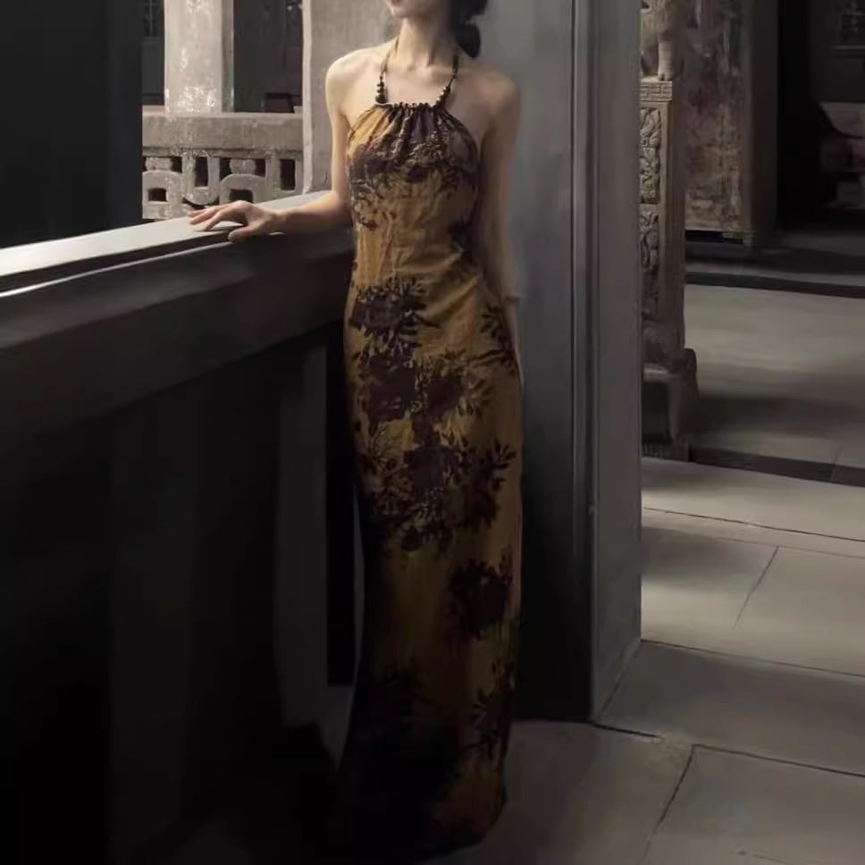 2025 New Chinese Zen national style camellia printing and dyeing backless Buddha beads hanging neck slim improved cheongsam suspender dress women