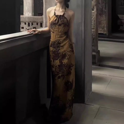 2025 New Chinese Zen national style camellia printing and dyeing backless Buddha beads hanging neck slim improved cheongsam suspender dress women