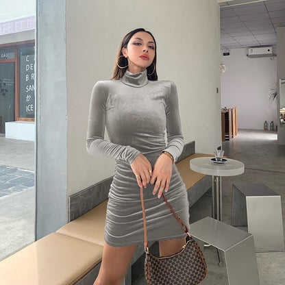 maoxiangshop-shop New Dress Women's Autumn and Winter Women's Clothing Long Sleeve Sexy Slim Fit Hot Girl Shrink Fold Suede