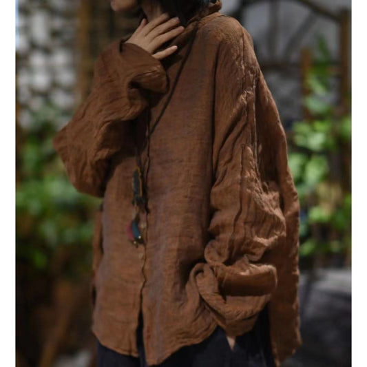 2025 23/11 Xiaochun, loose and versatile solid color yarn-dyed linen semi-turtleneck cardigan pullover bottoming shirt