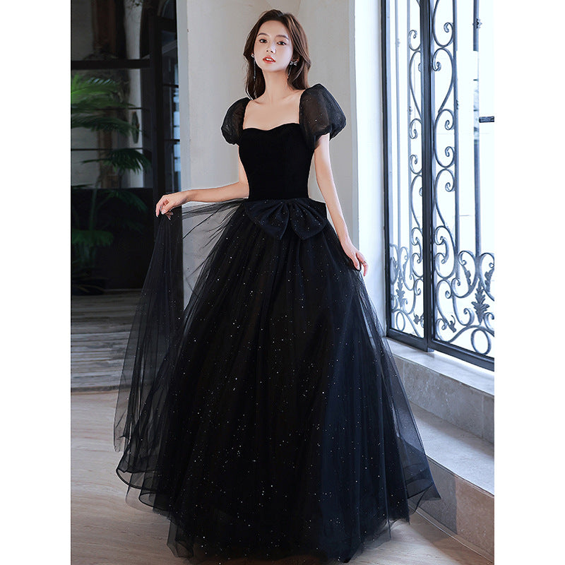 Black evening dress dress 2025 new light luxury niche temperament banquet host celebrity dress annual meeting dress