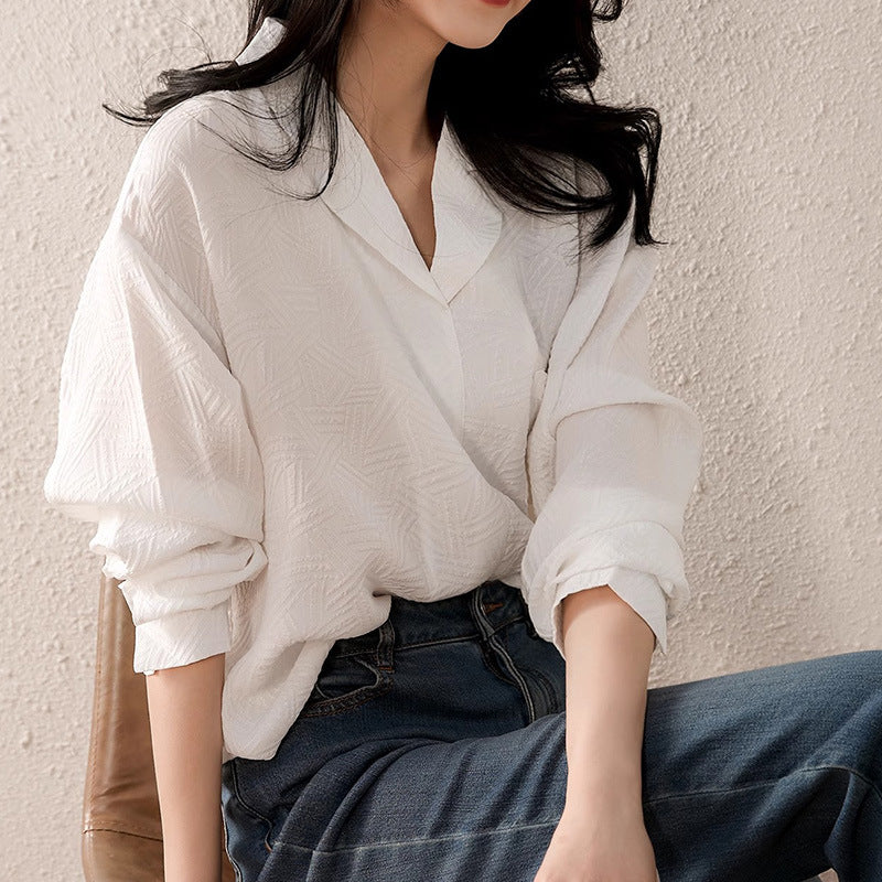 2025 Silky V-neck textured silk shirt, high-end white mulberry silk shirt  spring new women's top