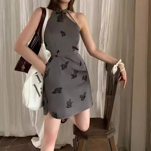 2025 Flocking butterfly flower, new Chinese heavy industry improved square neck dress, chic and beautiful short skirt, new in summer