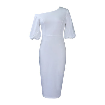 2025 D218 2025 women's clothing popular summer new solid color slanted shoulder bubble sleeves OL temperament Tongle large size New dress