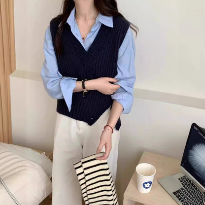 maoxiangshop-shop masc outfits Korean Style New Style Personalized Design Side Zipper V-neck Solid Color Loose Knitted Vest Women's All-Match Knitted Vest