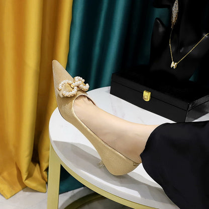 237-K79 Korean version banquet women's shoes medium heel thickened suede shallow mouth pointed metal rhinestone pearl buckle single shoes women