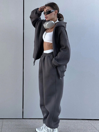 airport outfit Sweater for Women New Hooded Style Polar Fleece Cardigan Sweater Suit Two-Piece Set for Women