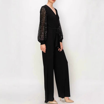 MAOXIANGSHOP 2025 spring and summer new product fashion V-neck lace-up sequined 2025 dress mid-waist lantern sleeve long evening dress